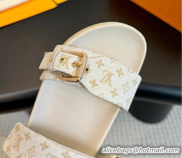 Grade Quality Louis Vuitton Bom Dia Flat Comfort Slides Sandals in Monogram Denim Light Beige 703087