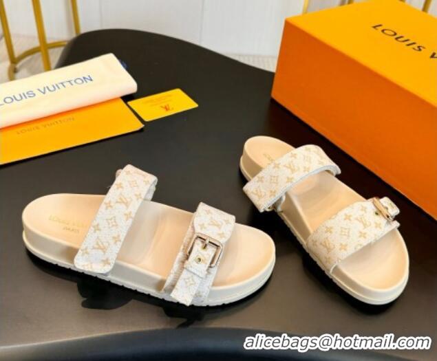 Grade Quality Louis Vuitton Bom Dia Flat Comfort Slides Sandals in Monogram Denim Light Beige 703087