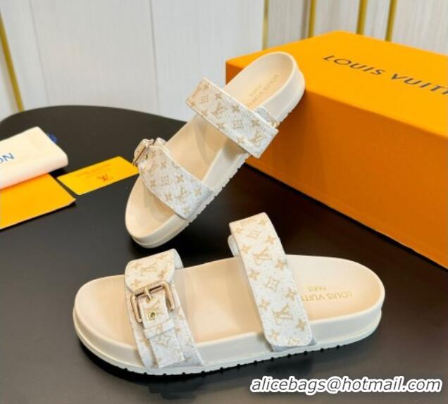 Grade Quality Louis Vuitton Bom Dia Flat Comfort Slides Sandals in Monogram Denim Light Beige 703087