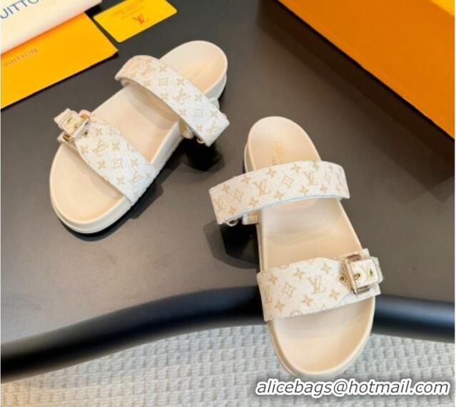 Grade Quality Louis Vuitton Bom Dia Flat Comfort Slides Sandals in Monogram Denim Light Beige 703087