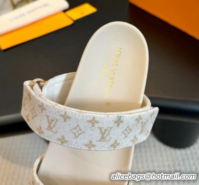 Grade Quality Louis Vuitton Bom Dia Flat Comfort Slides Sandals in Monogram Denim Light Beige 703087