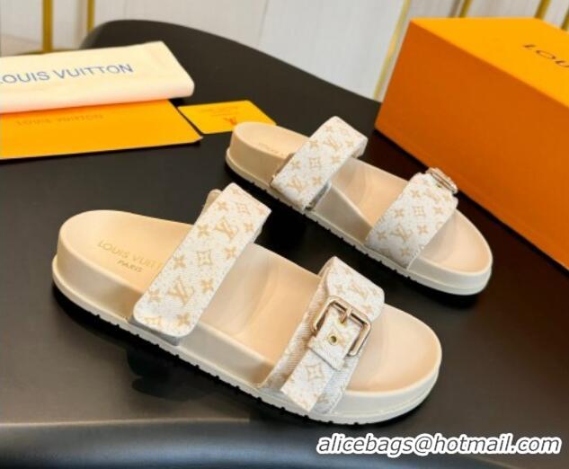 Grade Quality Louis Vuitton Bom Dia Flat Comfort Slides Sandals in Monogram Denim Light Beige 703087