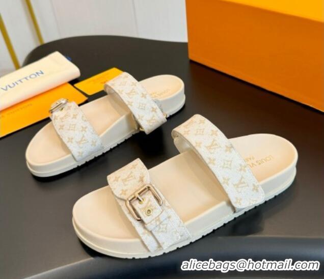 Grade Quality Louis Vuitton Bom Dia Flat Comfort Slides Sandals in Monogram Denim Light Beige 703087