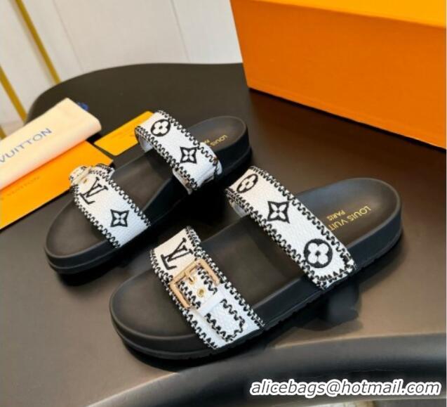 Best Grade Louis Vuitton Bom Dia Flat Comfort Slides Sandals in Embroidered Straw Black/White 703088