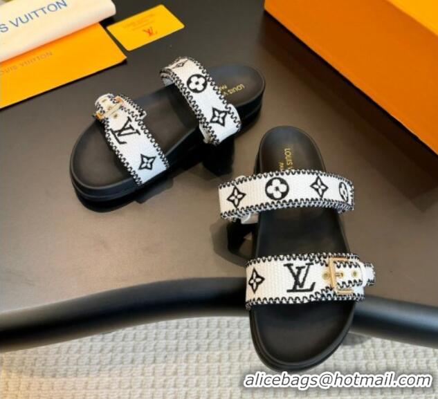 Best Grade Louis Vuitton Bom Dia Flat Comfort Slides Sandals in Embroidered Straw Black/White 703088