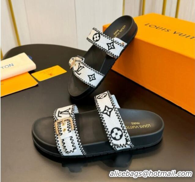 Best Grade Louis Vuitton Bom Dia Flat Comfort Slides Sandals in Embroidered Straw Black/White 703088