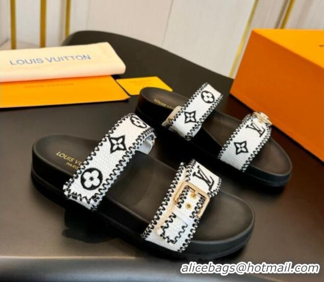 Best Grade Louis Vuitton Bom Dia Flat Comfort Slides Sandals in Embroidered Straw Black/White 703088