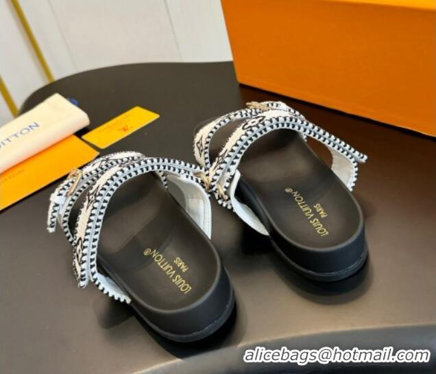 Best Grade Louis Vuitton Bom Dia Flat Comfort Slides Sandals in Embroidered Straw Black/White 703088