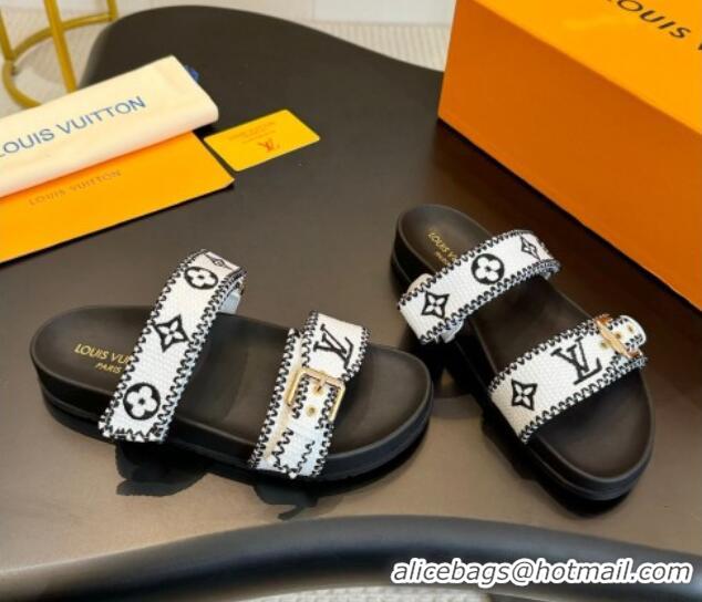 Best Grade Louis Vuitton Bom Dia Flat Comfort Slides Sandals in Embroidered Straw Black/White 703088