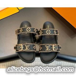 Luxurious Louis Vuitton Bom Dia Flat Comfort Slides Sandals in Embroidered Straw Black/Gold 703089