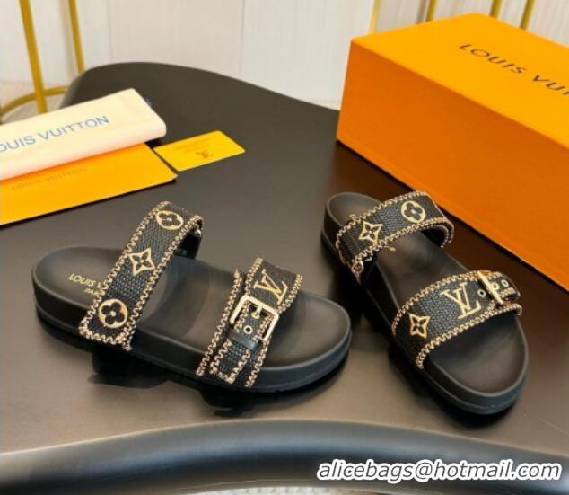 Luxurious Louis Vuitton Bom Dia Flat Comfort Slides Sandals in Embroidered Straw Black/Gold 703089