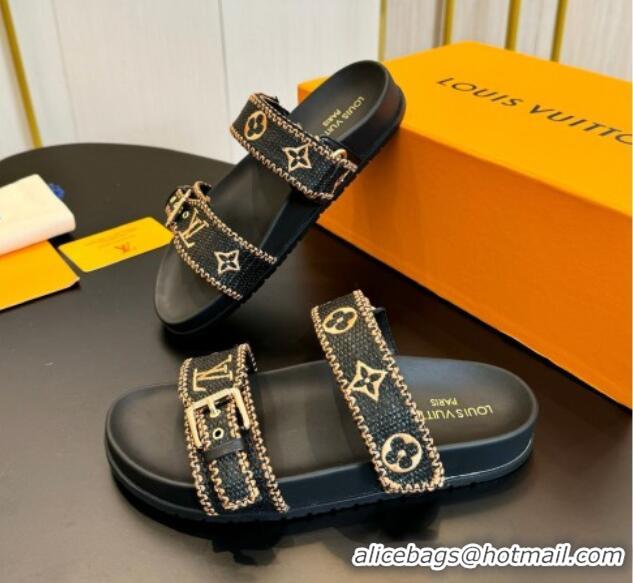 Luxurious Louis Vuitton Bom Dia Flat Comfort Slides Sandals in Embroidered Straw Black/Gold 703089