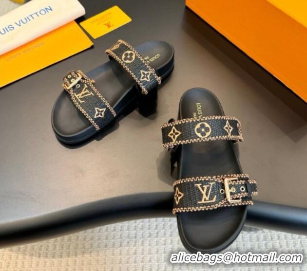 Luxurious Louis Vuitton Bom Dia Flat Comfort Slides Sandals in Embroidered Straw Black/Gold 703089