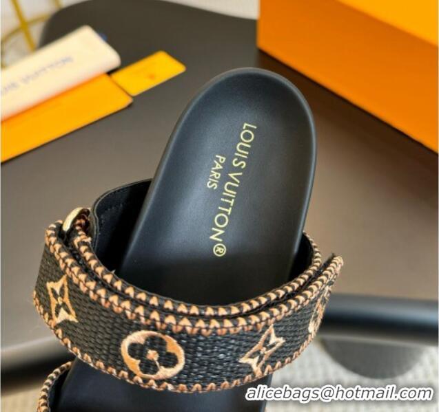 Luxurious Louis Vuitton Bom Dia Flat Comfort Slides Sandals in Embroidered Straw Black/Gold 703089