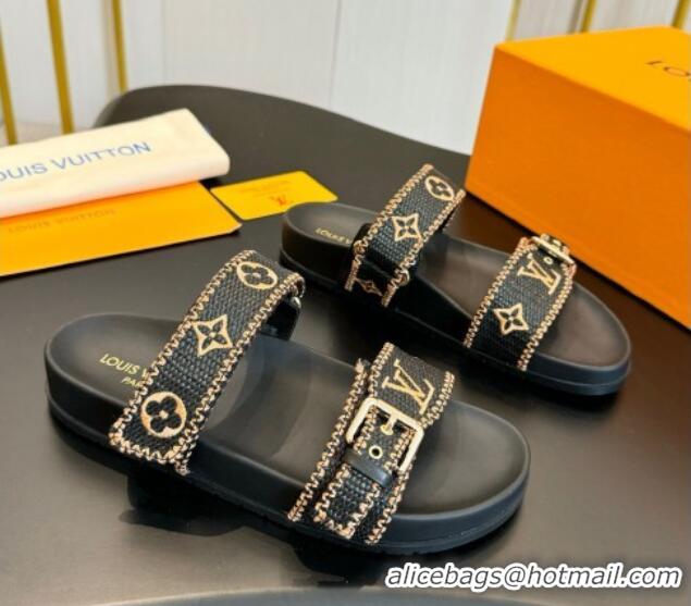 Luxurious Louis Vuitton Bom Dia Flat Comfort Slides Sandals in Embroidered Straw Black/Gold 703089