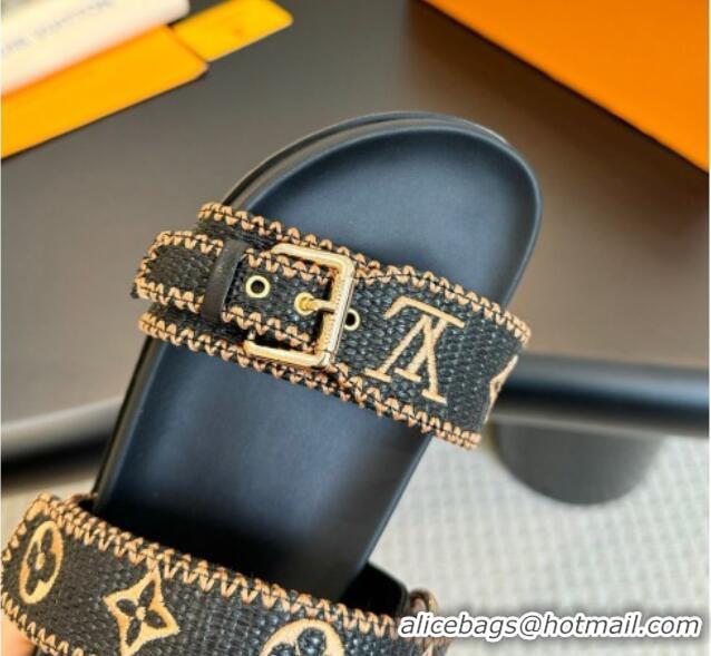 Luxurious Louis Vuitton Bom Dia Flat Comfort Slides Sandals in Embroidered Straw Black/Gold 703089