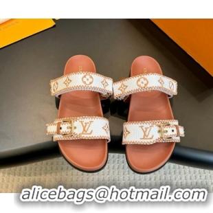 Sumptuous Louis Vuitton Bom Dia Flat Comfort Slides Sandals in Embroidered Straw White/Orange 703090