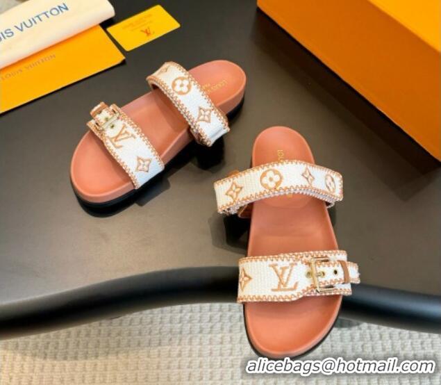 Sumptuous Louis Vuitton Bom Dia Flat Comfort Slides Sandals in Embroidered Straw White/Orange 703090