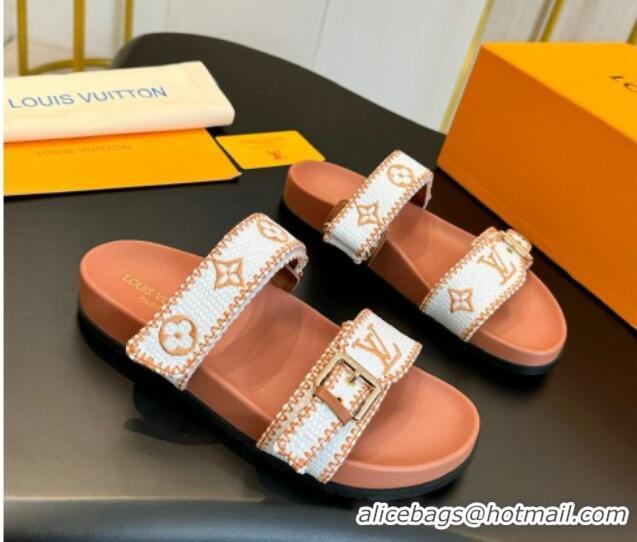 Sumptuous Louis Vuitton Bom Dia Flat Comfort Slides Sandals in Embroidered Straw White/Orange 703090