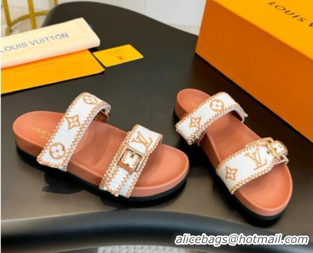 Sumptuous Louis Vuitton Bom Dia Flat Comfort Slides Sandals in Embroidered Straw White/Orange 703090