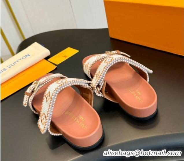 Sumptuous Louis Vuitton Bom Dia Flat Comfort Slides Sandals in Embroidered Straw White/Orange 703090