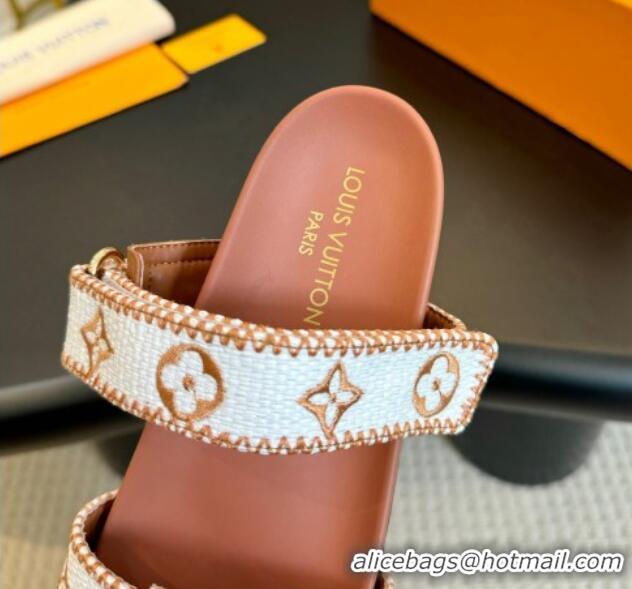 Sumptuous Louis Vuitton Bom Dia Flat Comfort Slides Sandals in Embroidered Straw White/Orange 703090