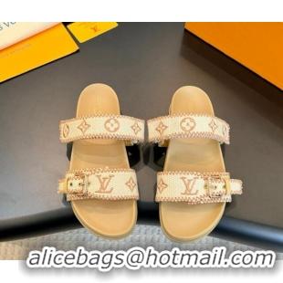 Big Discount Louis Vuitton Bom Dia Flat Comfort Slides Sandals in Embroidered Straw Beige 703091