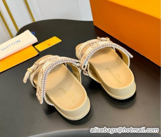 Big Discount Louis Vuitton Bom Dia Flat Comfort Slides Sandals in Embroidered Straw Beige 703091