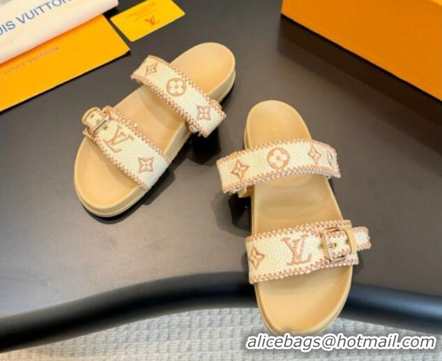 Big Discount Louis Vuitton Bom Dia Flat Comfort Slides Sandals in Embroidered Straw Beige 703091