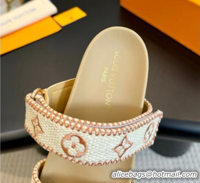 Big Discount Louis Vuitton Bom Dia Flat Comfort Slides Sandals in Embroidered Straw Beige 703091