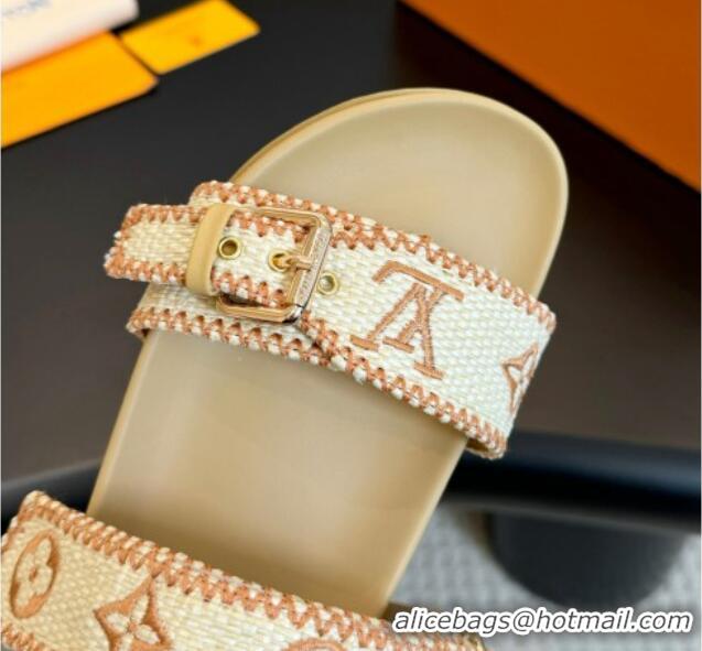 Big Discount Louis Vuitton Bom Dia Flat Comfort Slides Sandals in Embroidered Straw Beige 703091