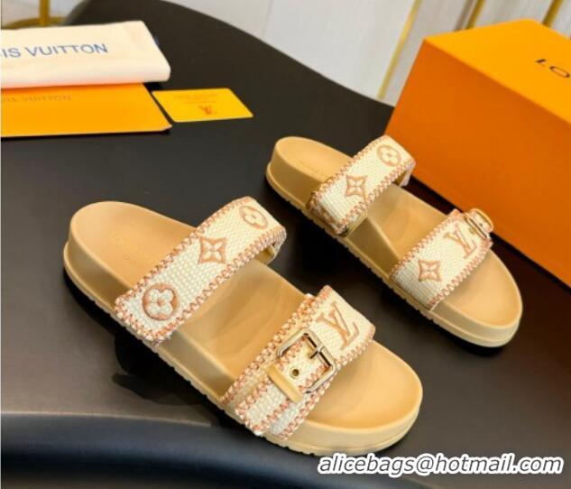 Big Discount Louis Vuitton Bom Dia Flat Comfort Slides Sandals in Embroidered Straw Beige 703091