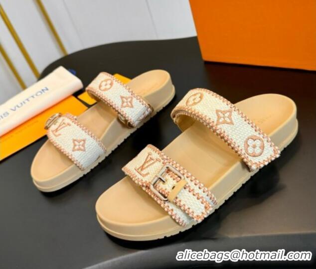 Big Discount Louis Vuitton Bom Dia Flat Comfort Slides Sandals in Embroidered Straw Beige 703091