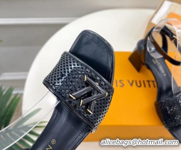 Top Design Louis Vuitton Shake Heel Sandals 5.5cm in Perforated Patent Leather Black 703096