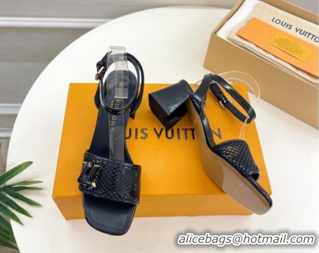 Top Design Louis Vuitton Shake Heel Sandals 5.5cm in Perforated Patent Leather Black 703096