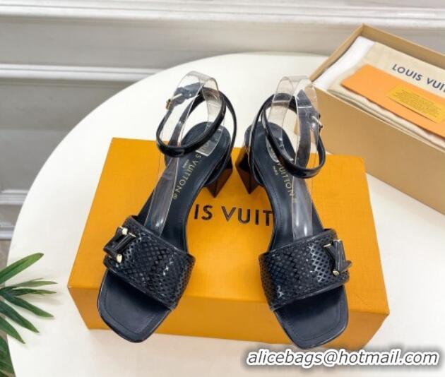 Top Design Louis Vuitton Shake Heel Sandals 5.5cm in Perforated Patent Leather Black 703096