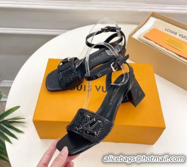 Top Design Louis Vuitton Shake Heel Sandals 5.5cm in Perforated Patent Leather Black 703096