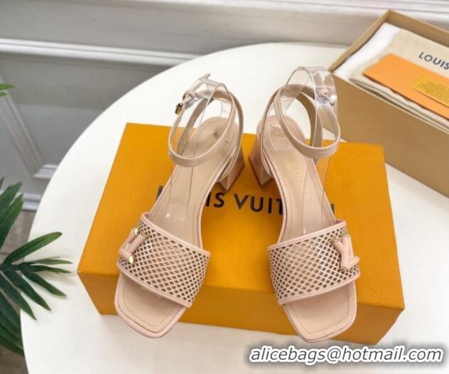 Charming Louis Vuitton Shake Heel Sandals 5.5cm in Perforated Patent Leather Beige 703099