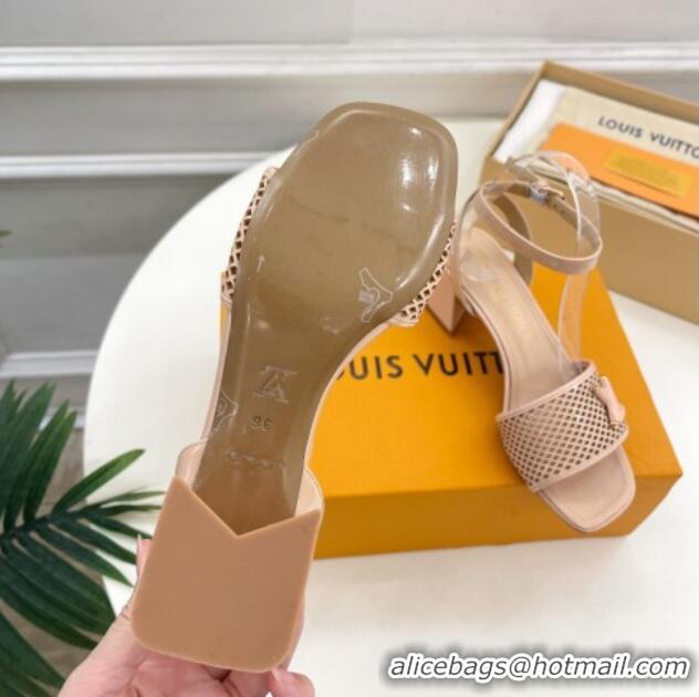 Charming Louis Vuitton Shake Heel Sandals 5.5cm in Perforated Patent Leather Beige 703099