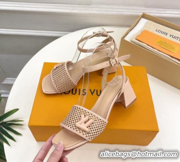 Charming Louis Vuitton Shake Heel Sandals 5.5cm in Perforated Patent Leather Beige 703099