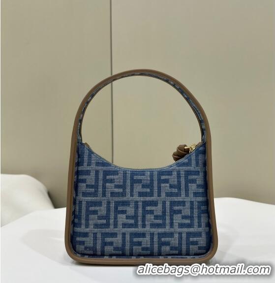 Buy Luxury Fendi Mini Fendessence Mini Hobo bag in 4095 Light Blue FF Denim Fabric 2024