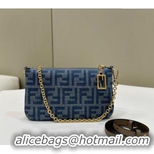 New Release Creation Fendi Baguette Pouch Chain Mini bag in 4096 Light Blue FF Denim Fabric 2024