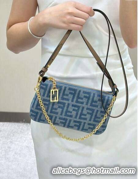 New Release Creation Fendi Baguette Pouch Chain Mini bag in 4096 Light Blue FF Denim Fabric 2024