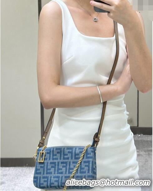 New Release Creation Fendi Baguette Pouch Chain Mini bag in 4096 Light Blue FF Denim Fabric 2024