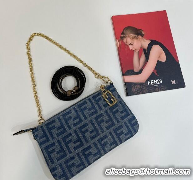 New Release Creation Fendi Baguette Pouch Chain Mini bag in 4096 Light Blue FF Denim Fabric 2024