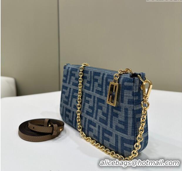 New Release Creation Fendi Baguette Pouch Chain Mini bag in 4096 Light Blue FF Denim Fabric 2024