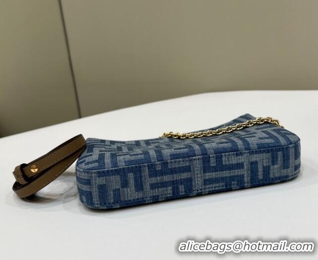 New Release Creation Fendi Baguette Pouch Chain Mini bag in 4096 Light Blue FF Denim Fabric 2024