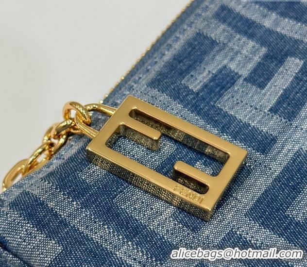 New Release Creation Fendi Baguette Pouch Chain Mini bag in 4096 Light Blue FF Denim Fabric 2024