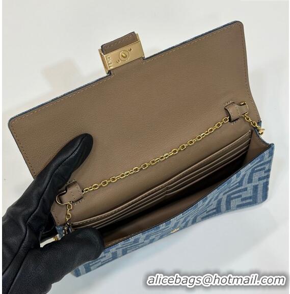 Discount Fendi Wallet On Chain Baguette Mini bag in 4097 Light Blue FF Denim Fabric 2024