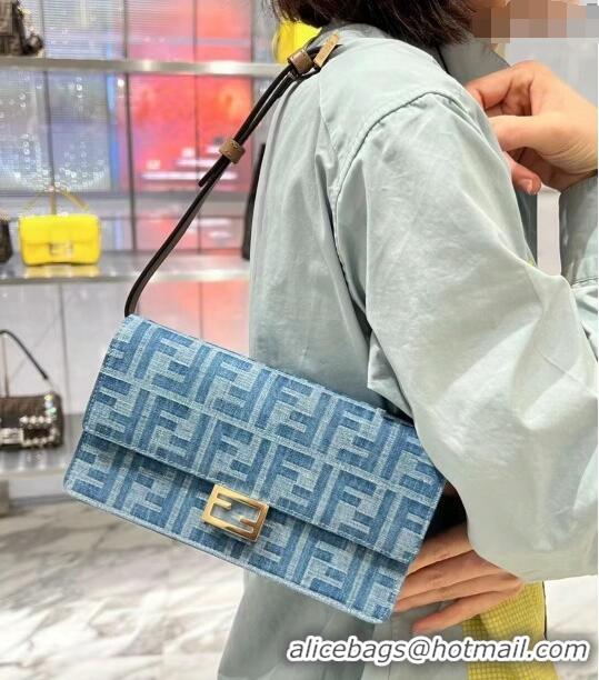 Discount Fendi Wallet On Chain Baguette Mini bag in 4097 Light Blue FF Denim Fabric 2024